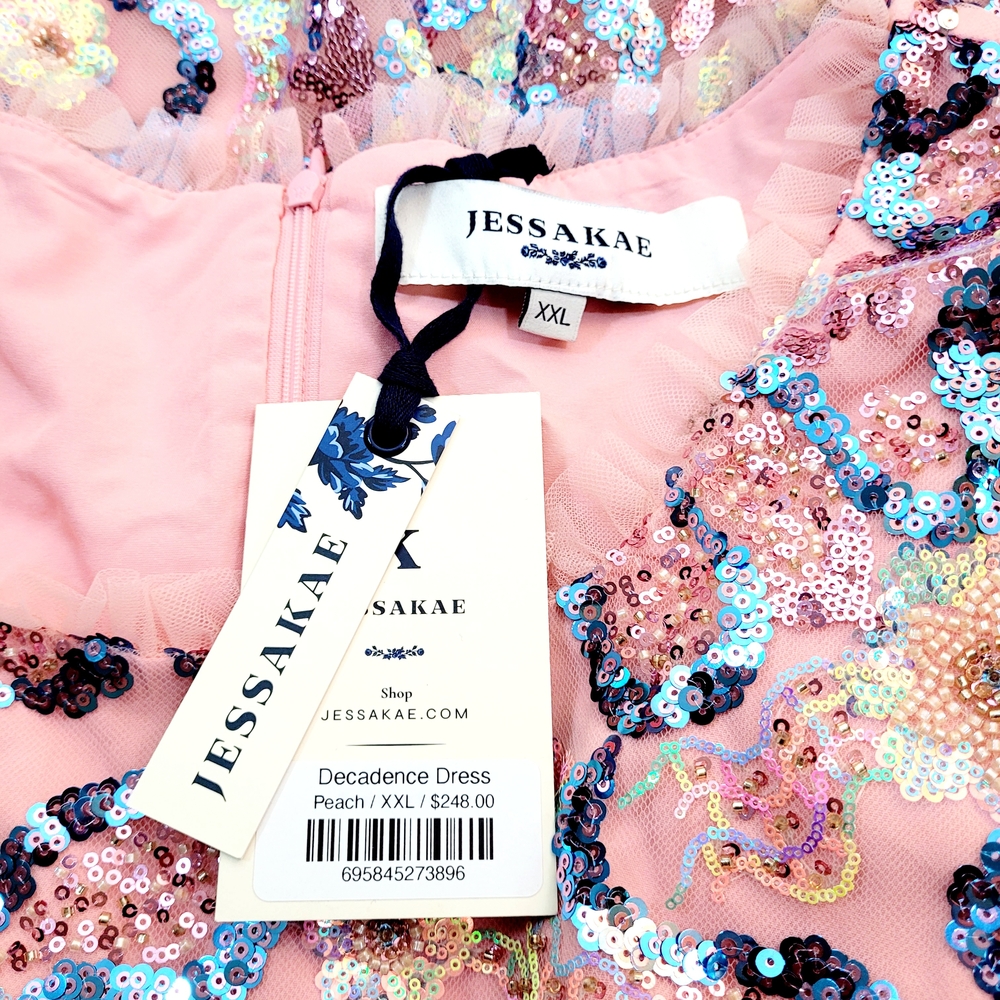 NWT JESSAKAE Beaded Sequins Tulle Flutter Sleeve Decadence Midi Dress XXL New - Picture 8 of 16